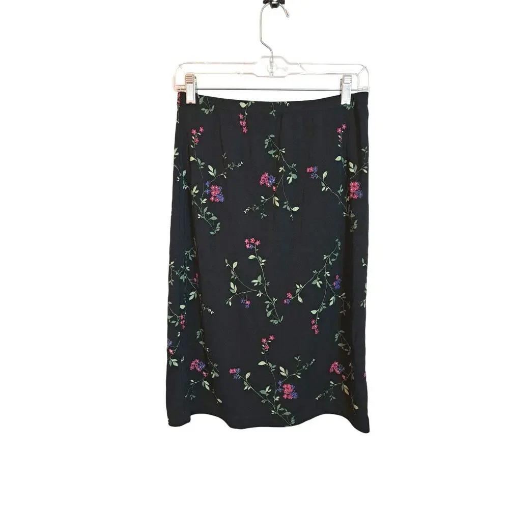 Cherokee Women's Black Floral Midi Skirt Stretch  Boho Cottagecore Sz S